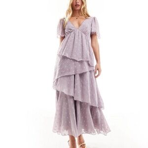 ASOS DESIGN textured asymmetric ruffle midi dress with tie back neck in mauve
